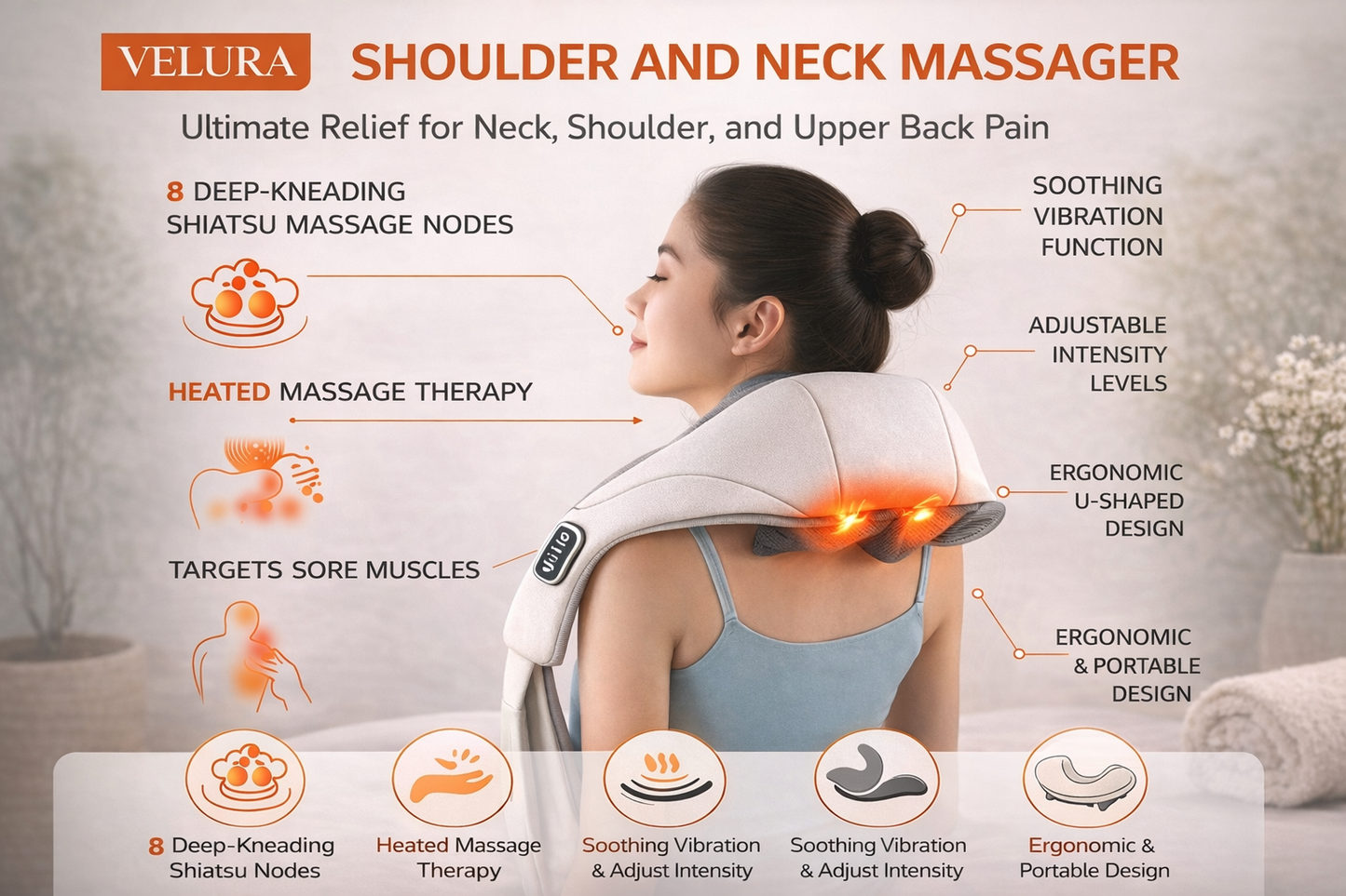 VELURA Shoulder & Neck Massager SRK-14 – Deep Kneading Shiatsu Massage with Heat Therapy