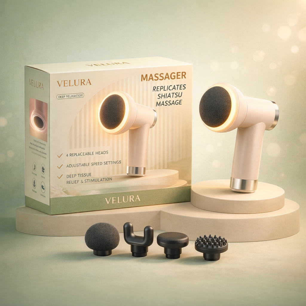 VELURA Shiatsu Massage Gun SRK-11 – Deep Tissue Percussion Massager with 6 Speed Levels & 4 Massage Heads
