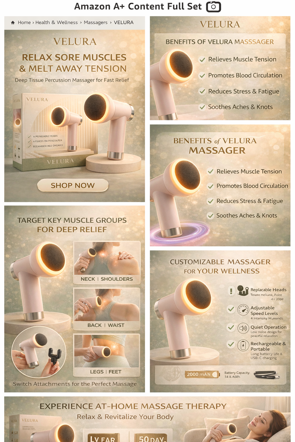 VELURA Shiatsu Massage Gun SRK-11 – Deep Tissue Percussion Massager with 6 Speed Levels & 4 Massage Heads