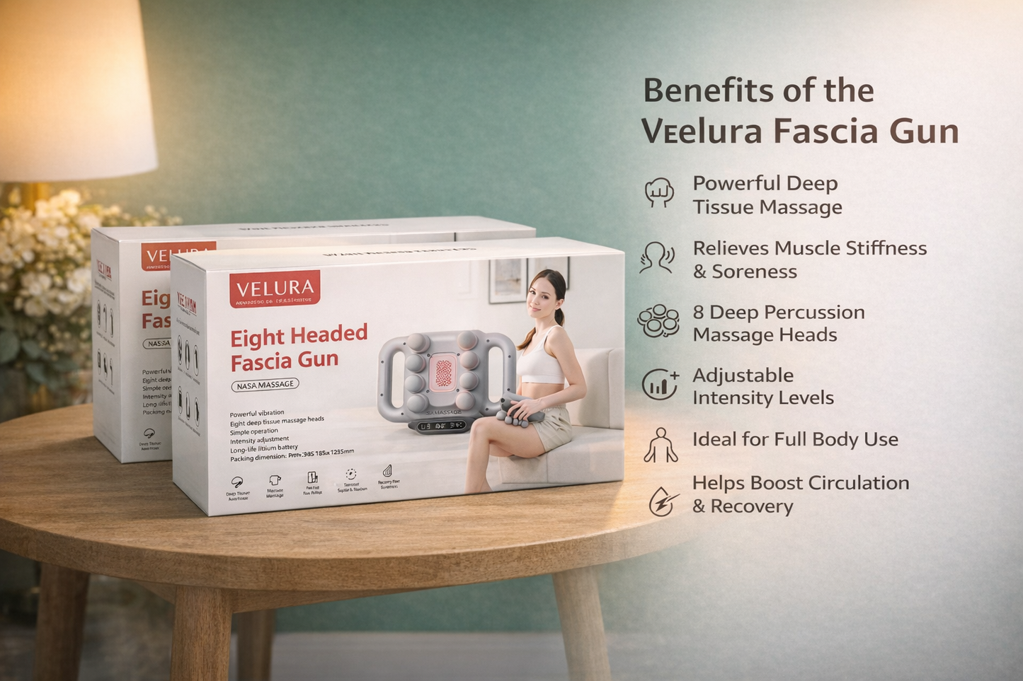 VELURA Eight Headed Fascia Gun SRK-12 – 8-Head Deep Tissue Percussion Muscle Massager