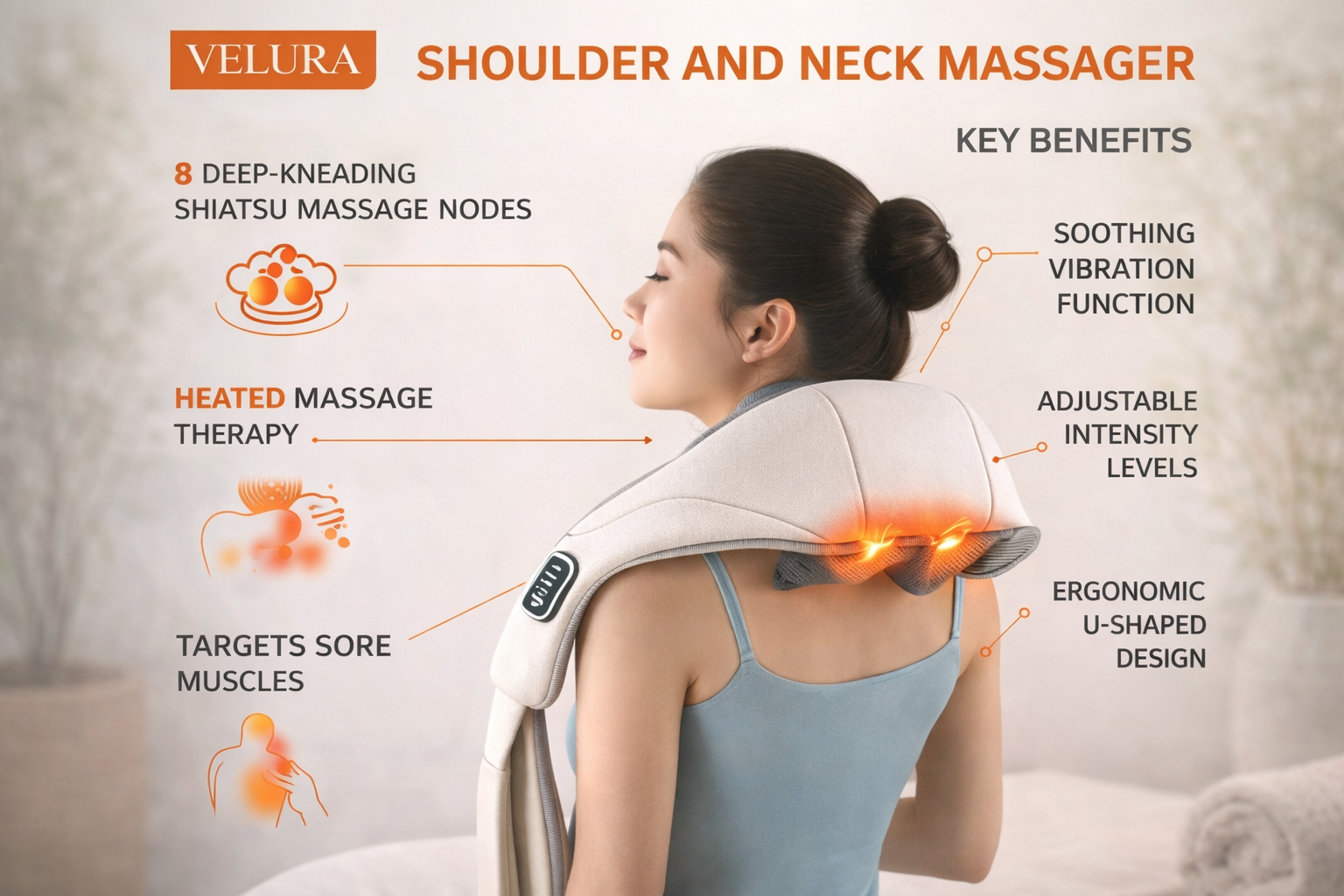 VELURA Shoulder & Neck Massager SRK-14 – Deep Kneading Shiatsu Massage with Heat Therapy